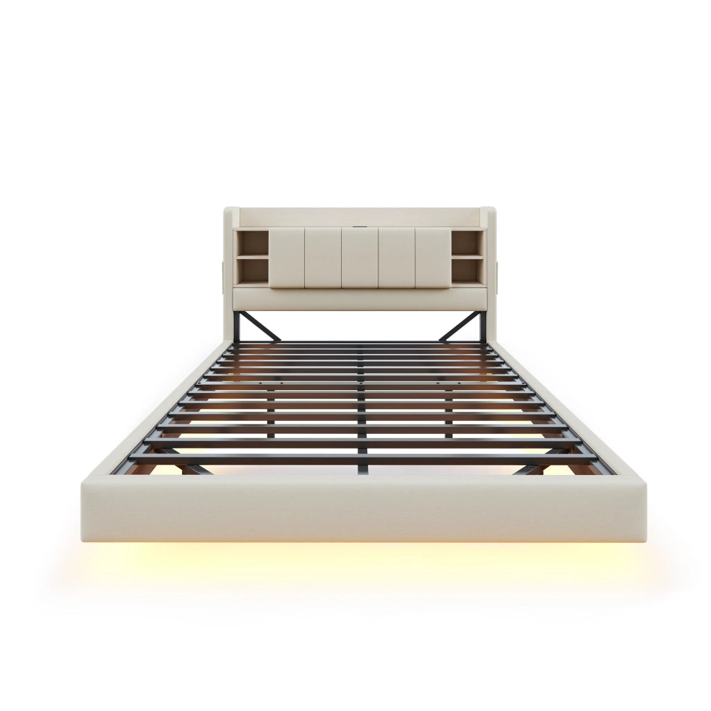 Letto Contenitore 160x200 cm; Matrimoniale; USB; LED; Ripiani in Tessuto Beige