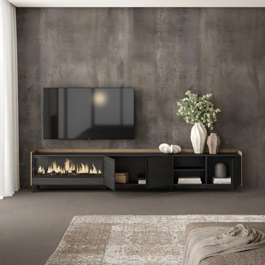 Mobile TV Soggiorno, 315x61x35 cm, Per TV fino a 80", Camino elettrico XXL, Design industriale, Nero e rovere
