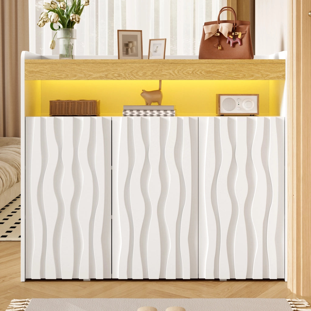 Credenza con 3 ante; vano aperto; LED e ripiani regolabili - 105x33.5x76 cm - bianco