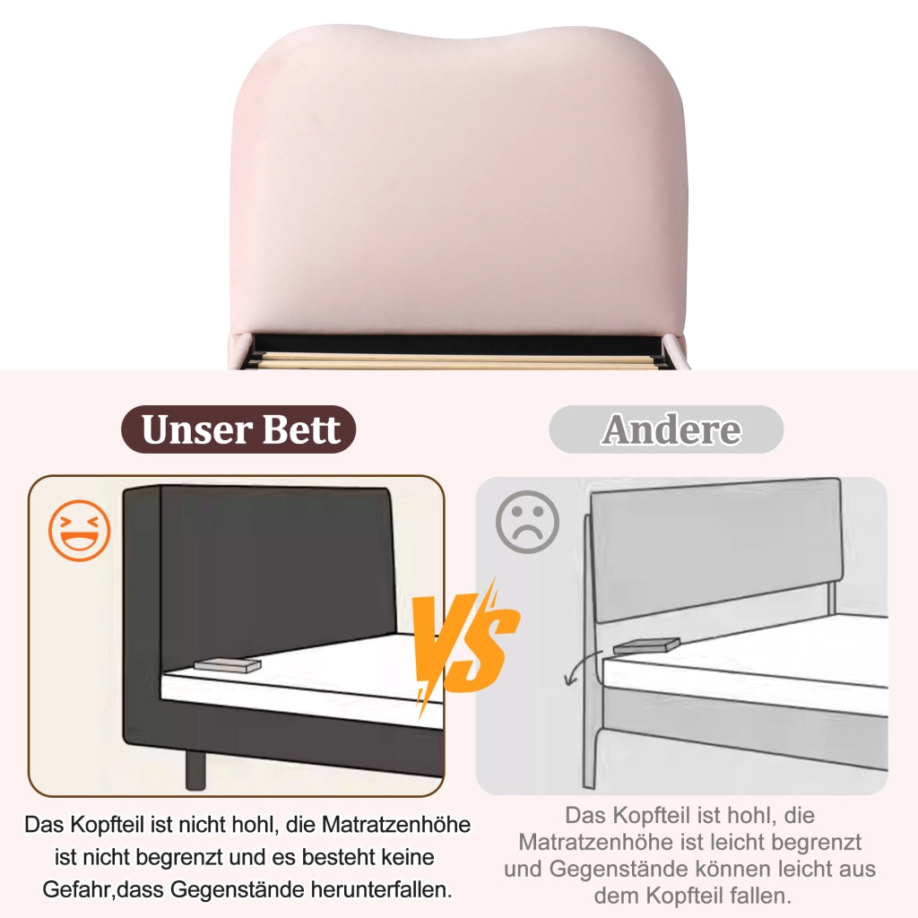 DESMIU Letto Bambino 90 × 200 cm con contenitore idraulico, testiera, senza materasso, velluto, rosa