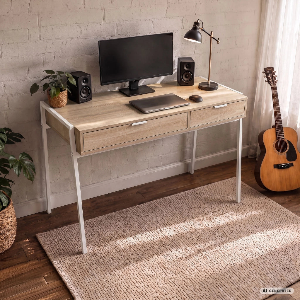 Scrivania industriale per computer Rovere Sonoma ZENTIA 100 cm 2 cassetti gambe bianche