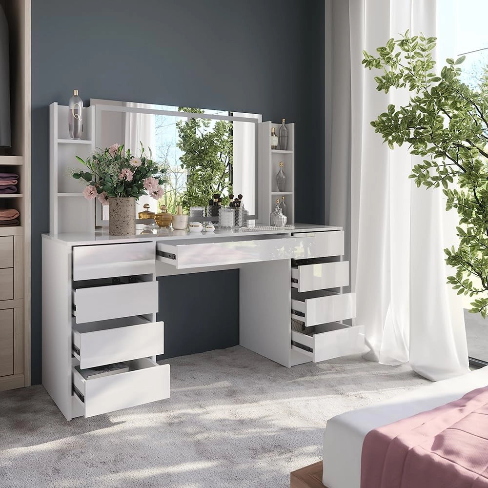 Tavolo da toeletta Sherry, Bianco/bianco lucido, 158.2 cm 4 parti, con illuminazione LED e specchio regolabile in altezza