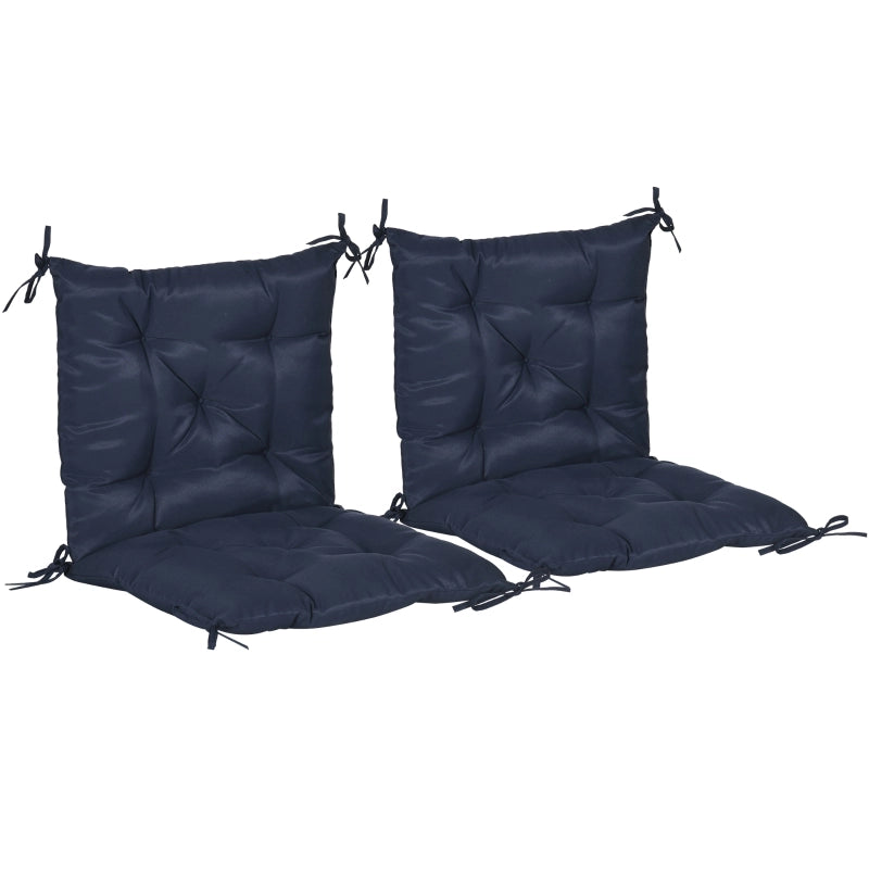 Set di 2 cuscini per sedia, 98 x 50 cm, con lacci, rivestimento in tessuto, spessore 8 cm, blu scuro.