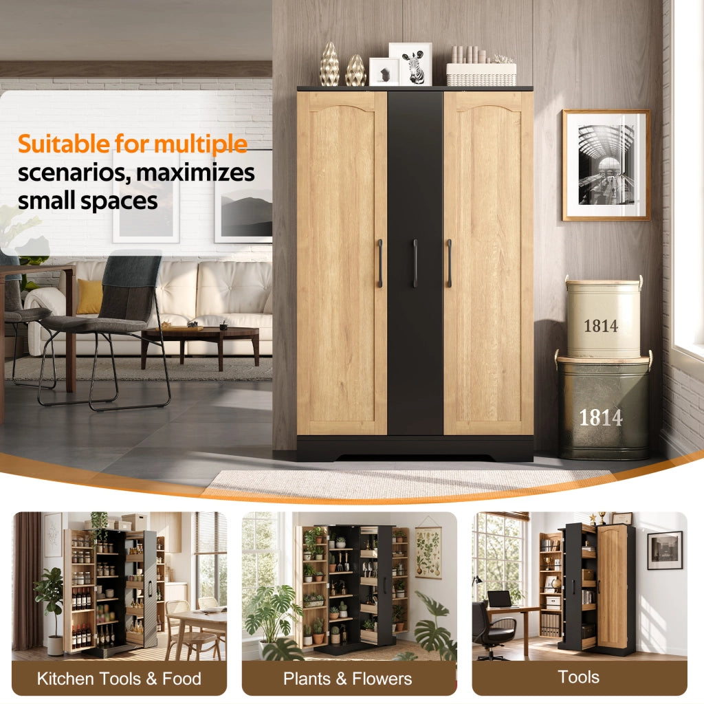 Credenza e madia con 2 ante, 4 ripiani e vani porta spezie, stile moderno, per cucina, in MDF, nero, 120 × 78 × 35 cm