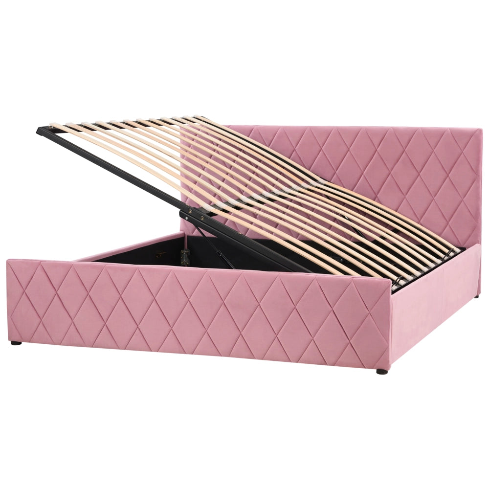 Letto contenitore Rivestimento in velluto rosa 180 x 200 cm con testiera trapuntata a rombi con base a doghe