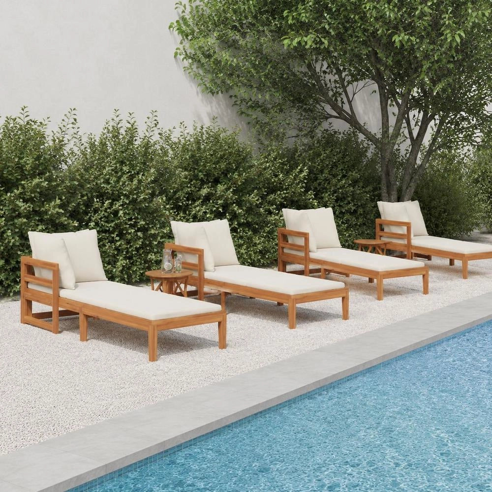 Sun Lounger With 1 Armrest, Cream White, Solid Acacia Wood