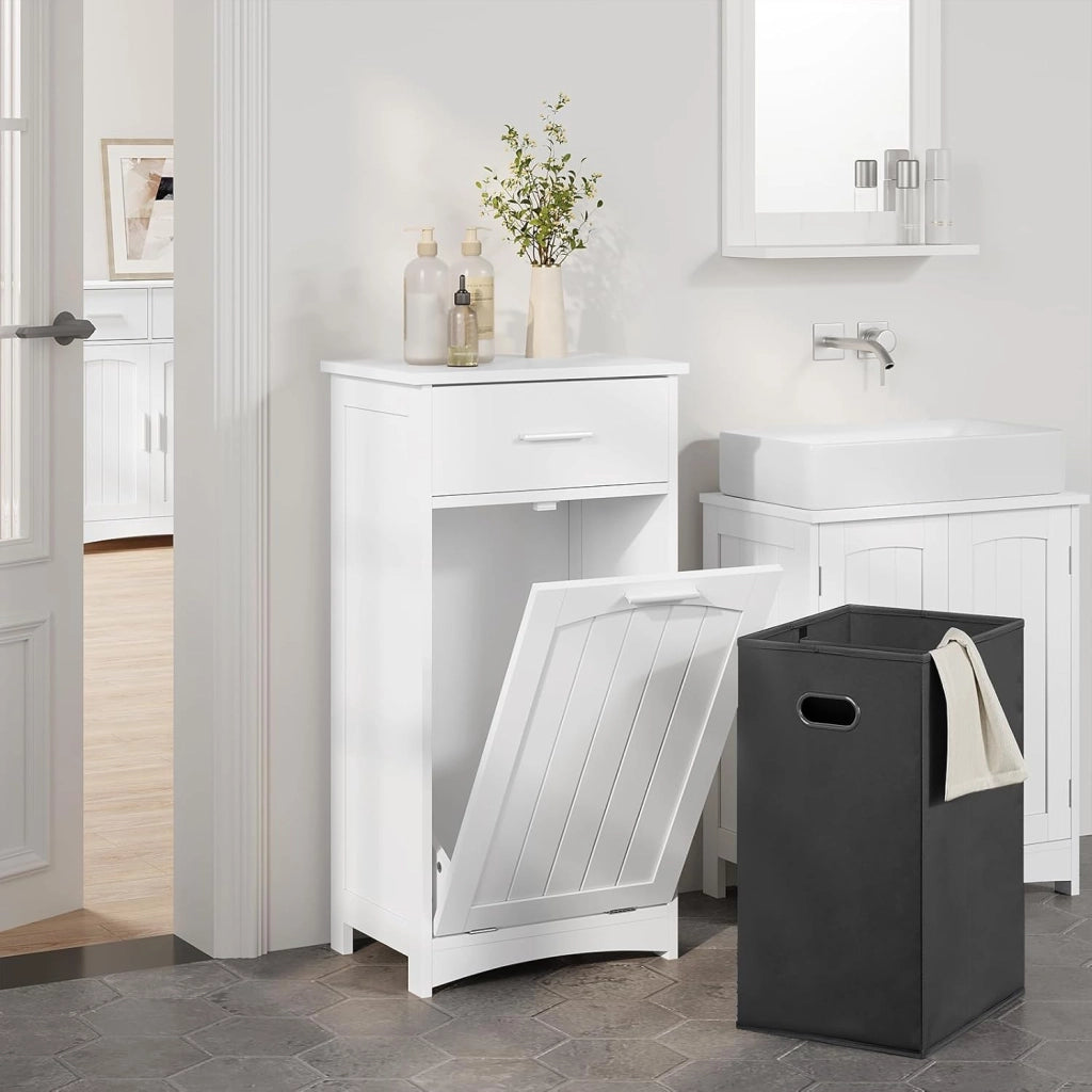 Mobile da Bagno con Portabiancheria, Cesto Portabiancheria, Mobiletto da Bagno con Cassetto, Portabiancheria a 2 Scomparti, in MDF e Tessuto, Bianco, 42x30x82cm