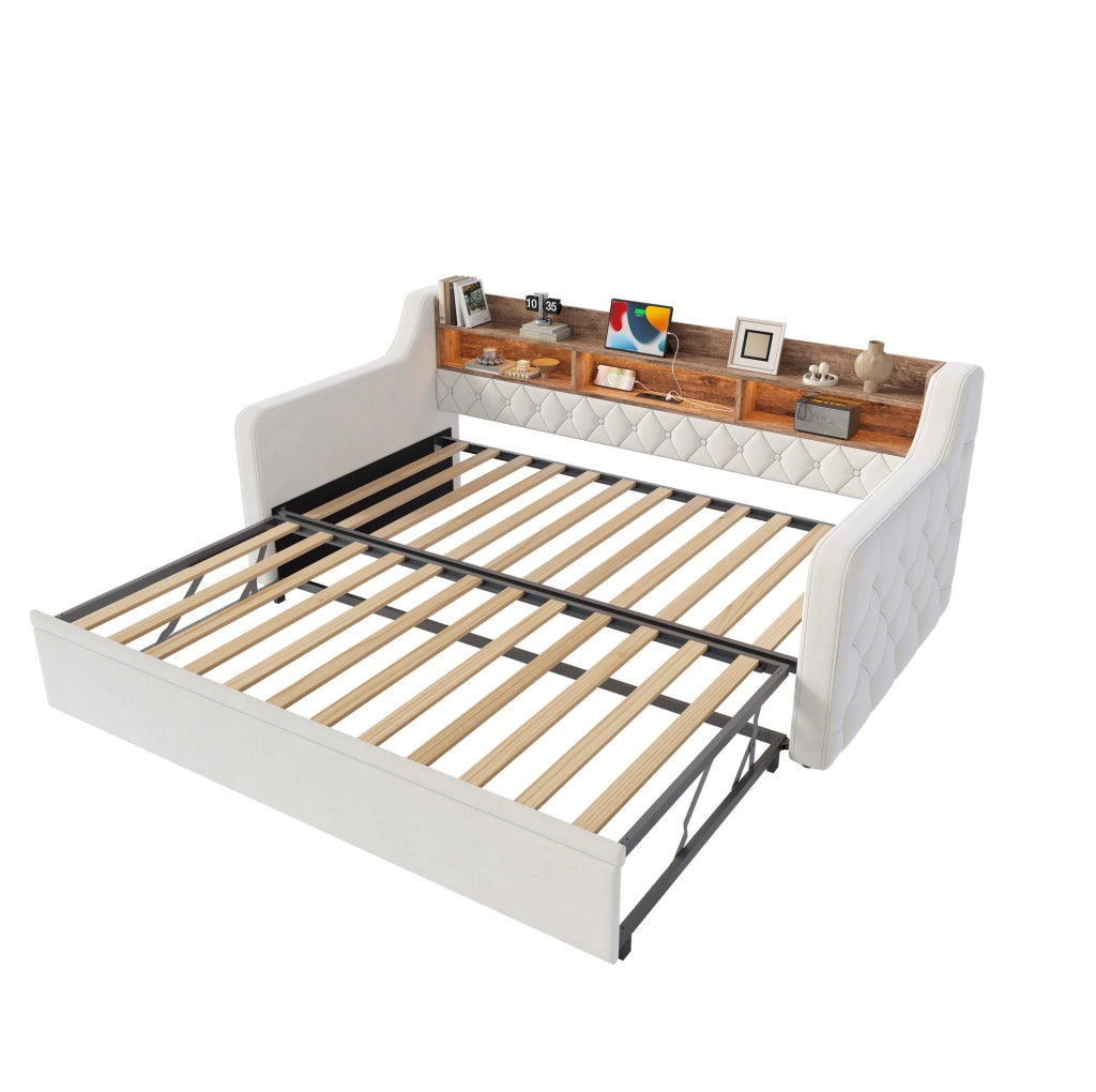 Divano letto 90x190 cm estraibile; testiera contenitore; LED; USB e Type-C in velluto beige