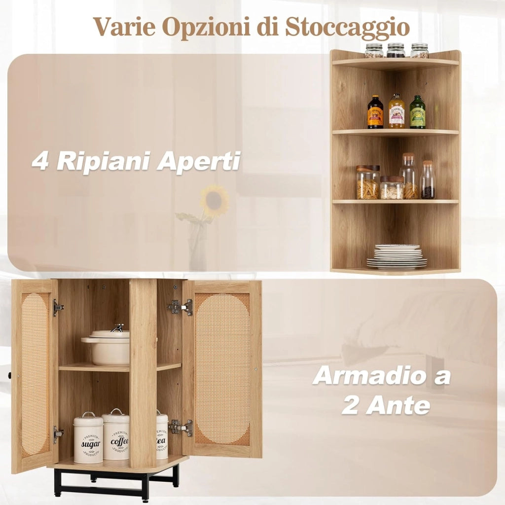 Armadietto in Legno ad Angolo Alto 172 cm con 4 Ripiani Aperti, Libreria Angolare con 2 Ante in Rattan PE e Ripiano Regolabile, Scaffale Mensola Salvaspazio per Soggiorno, Bagno e Cucina