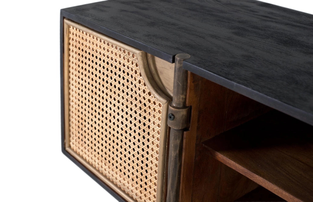 Mobile TV in legno di mango con ante in canna e gambe in bronzo