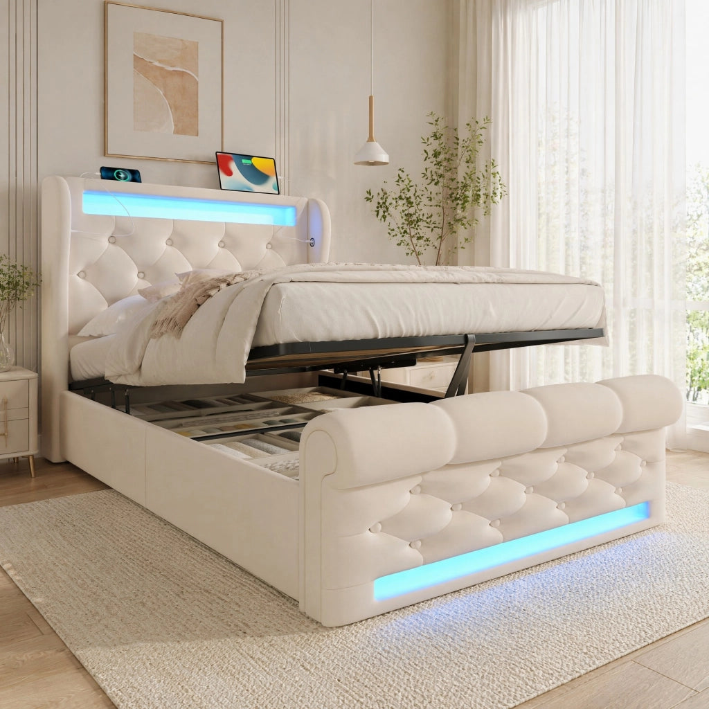 Letto contenitore 90x200 cm in velluto beige, LED, USB-C, senza materasso