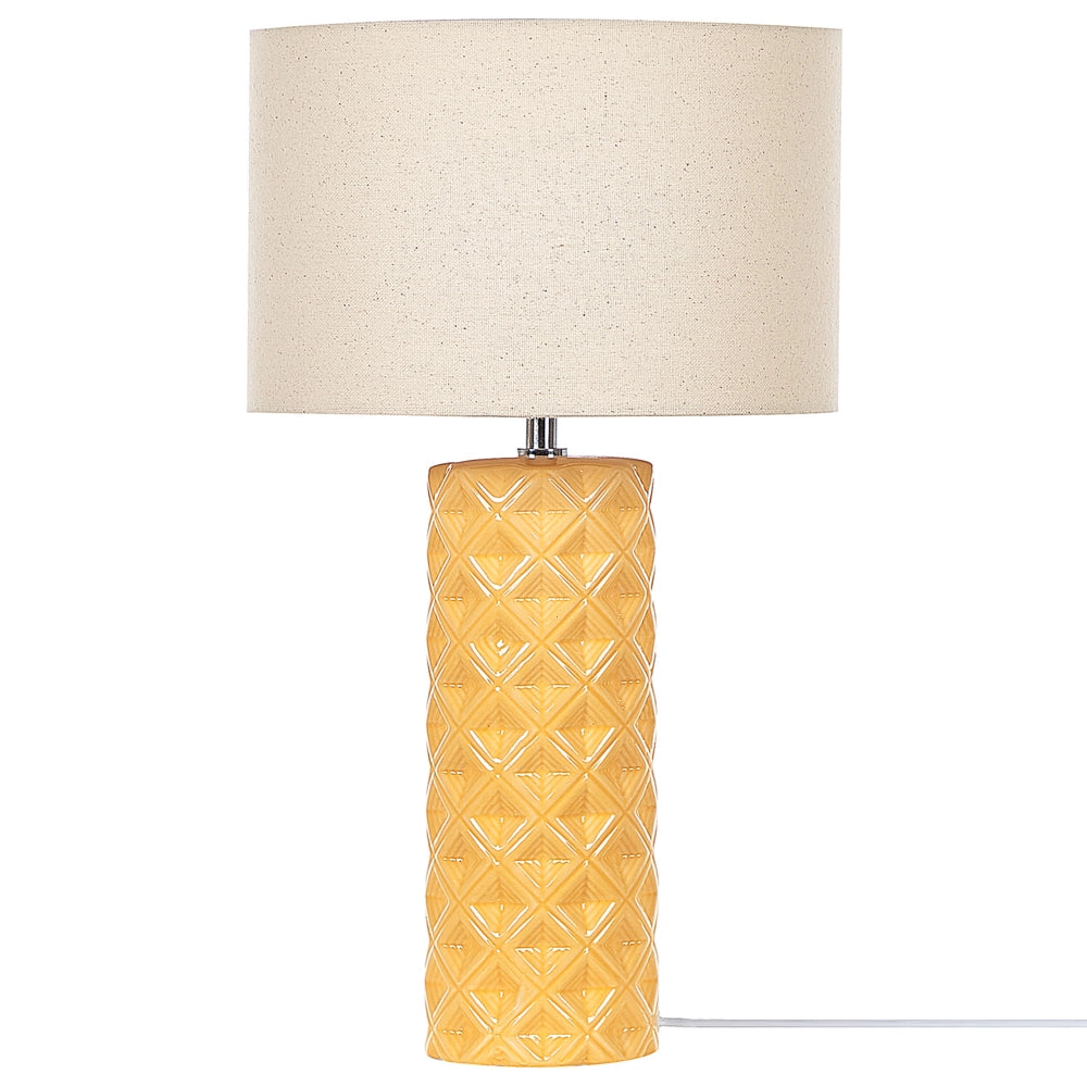 Lampada da Tavolo in Ceramica Gialla 49 cm Motivo Geometrico Beige Paralume Tamburo Comodino Soggiorno Camera da Letto Illuminazione