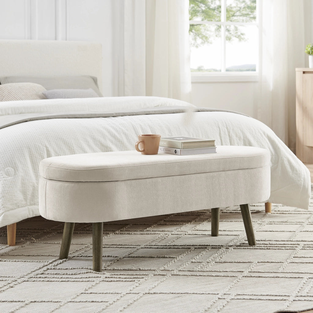 Panca contenitore in chenille beige con struttura in legno massello, 20L, 110x40x42 cm