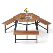 Set tavolo da pranzo con panchine in legno di acacia per 6 persone, Tavolo da picnic con panchine foro per ombrellone Marrone