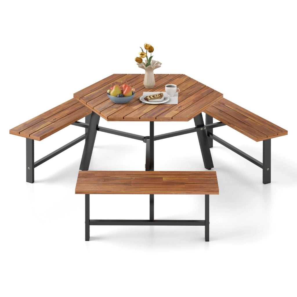 Set tavolo da pranzo con panchine in legno di acacia per 6 persone, Tavolo da picnic con panchine foro per ombrellone Marrone