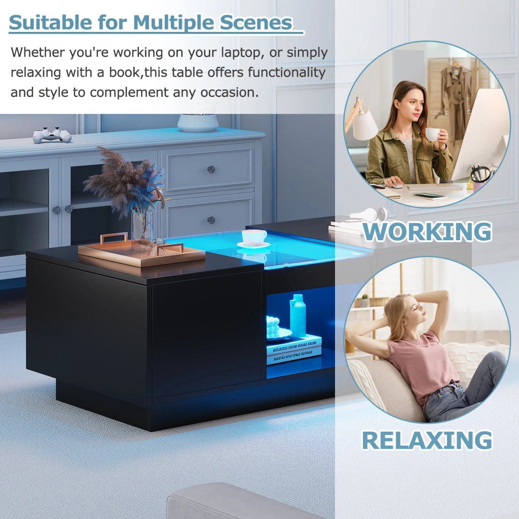 Tavolino basso con LED e controllo app 2 cassetti 1 vano aperto piano in vetro nero 100 × 50 × 35,5 cm
