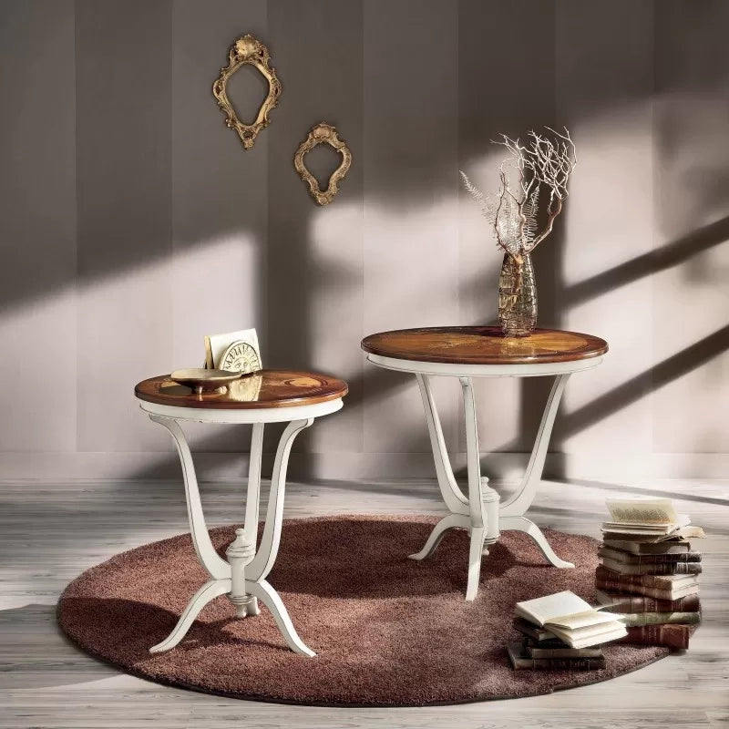 Tavolino rotondo legno intarsiato shabby 60x60x73 - Mobili 2G