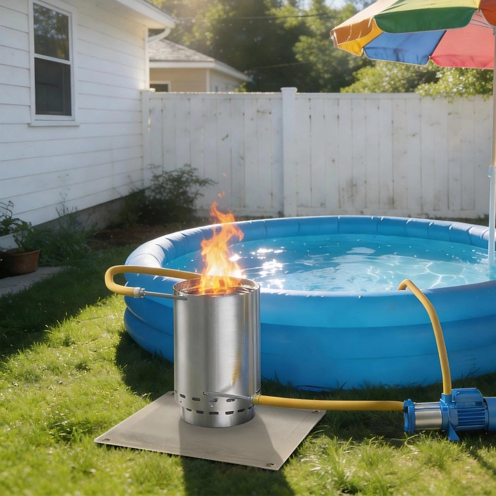 Riscaldatore per piscina con fuoco per piscina, in acciaio inox con spirale di riscaldamento e attacchi da 32/38 mm, riscaldamento a legna da ardere, riscaldato, per piscina