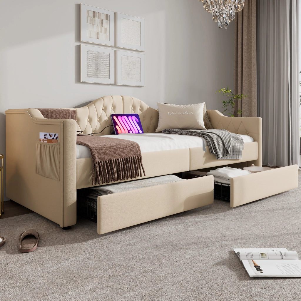 OKWISH Letto Banquette 90×200 cm, Letto Singolo con USB, Tipo C, 2 Cassetti e Tasche Laterali, senza Materasso, in Velluto, Beige