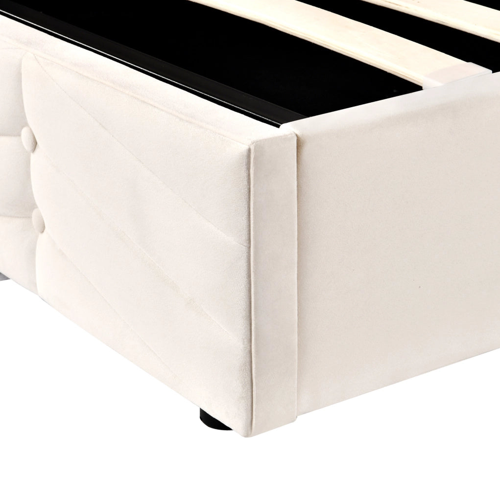 Letto imbottito 140x190 cm; testiera regolabile e rete a doghe; velluto beige