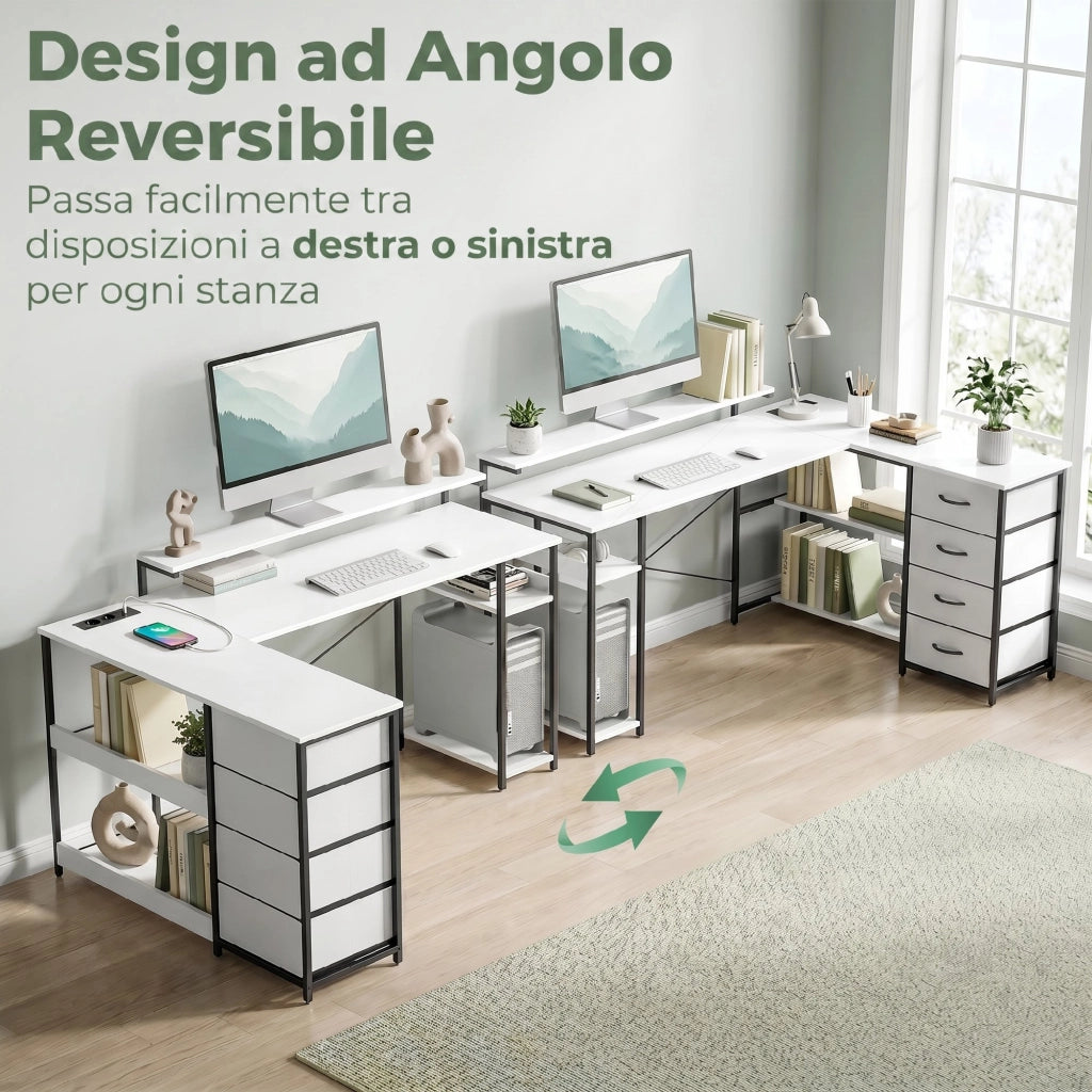 Scrivania Angolare 155x112x85,5-91,5 cm con Prese 4 Cassetti in Tessuto Rialzo Monitor e 2 Ganci Bianco e Nero