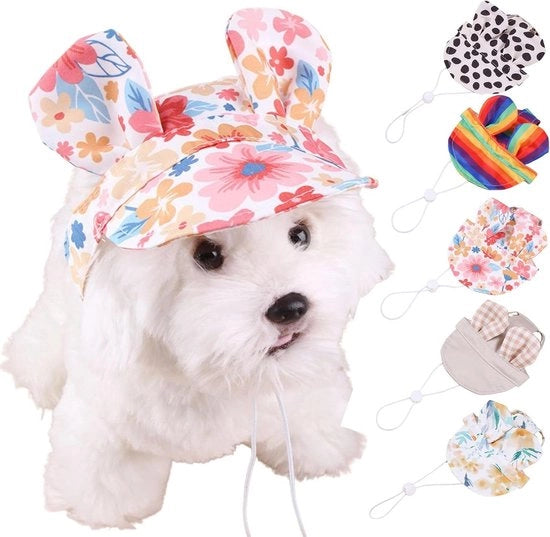 Cappello per cani e gatti con protezione solare e design floreale, adatto per piccoli animali domestici