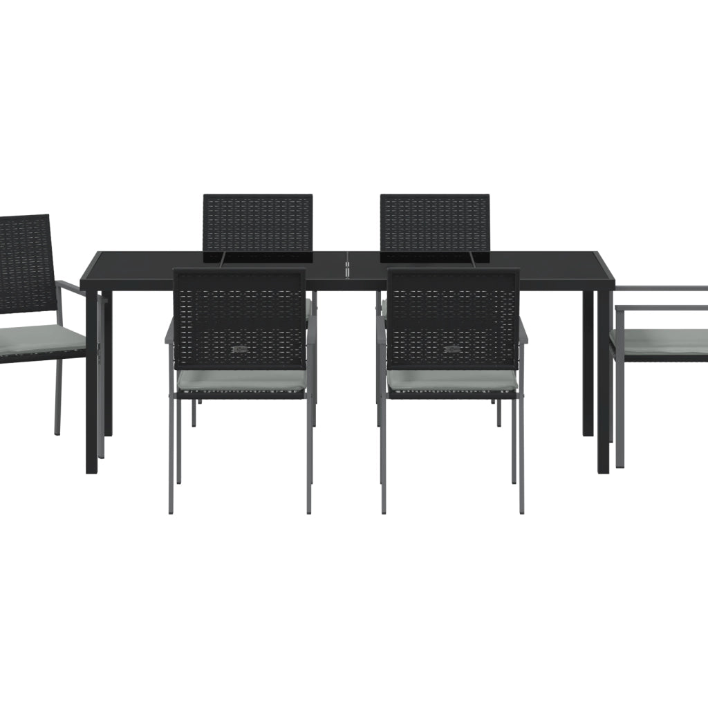 Set da pranzo da giardino 7 pezzi con cuscini in polirattan nero