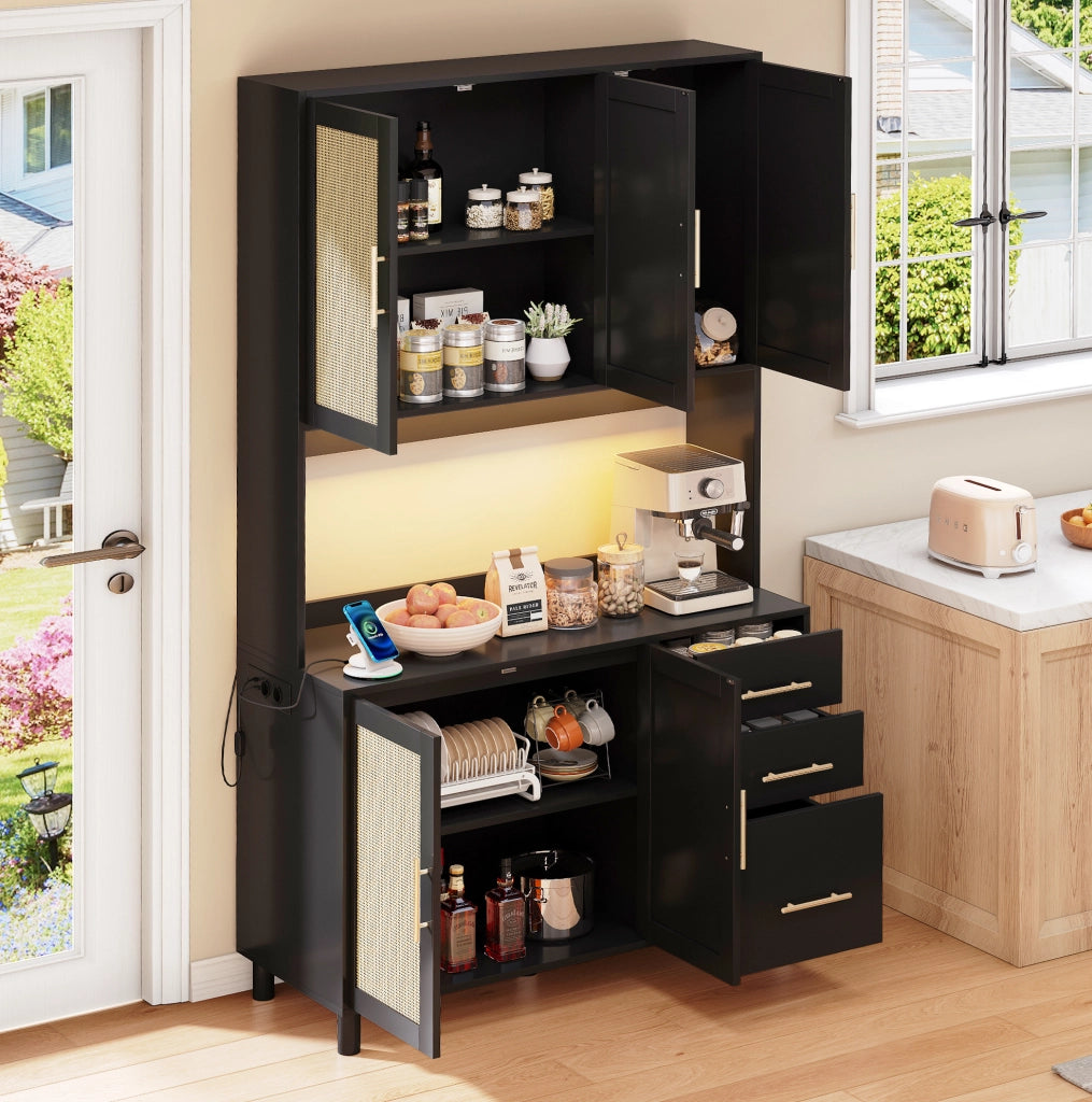 Buffet da cucina 183 cm con LED multicolore; prese USB e 2 prese; nero in MDF
