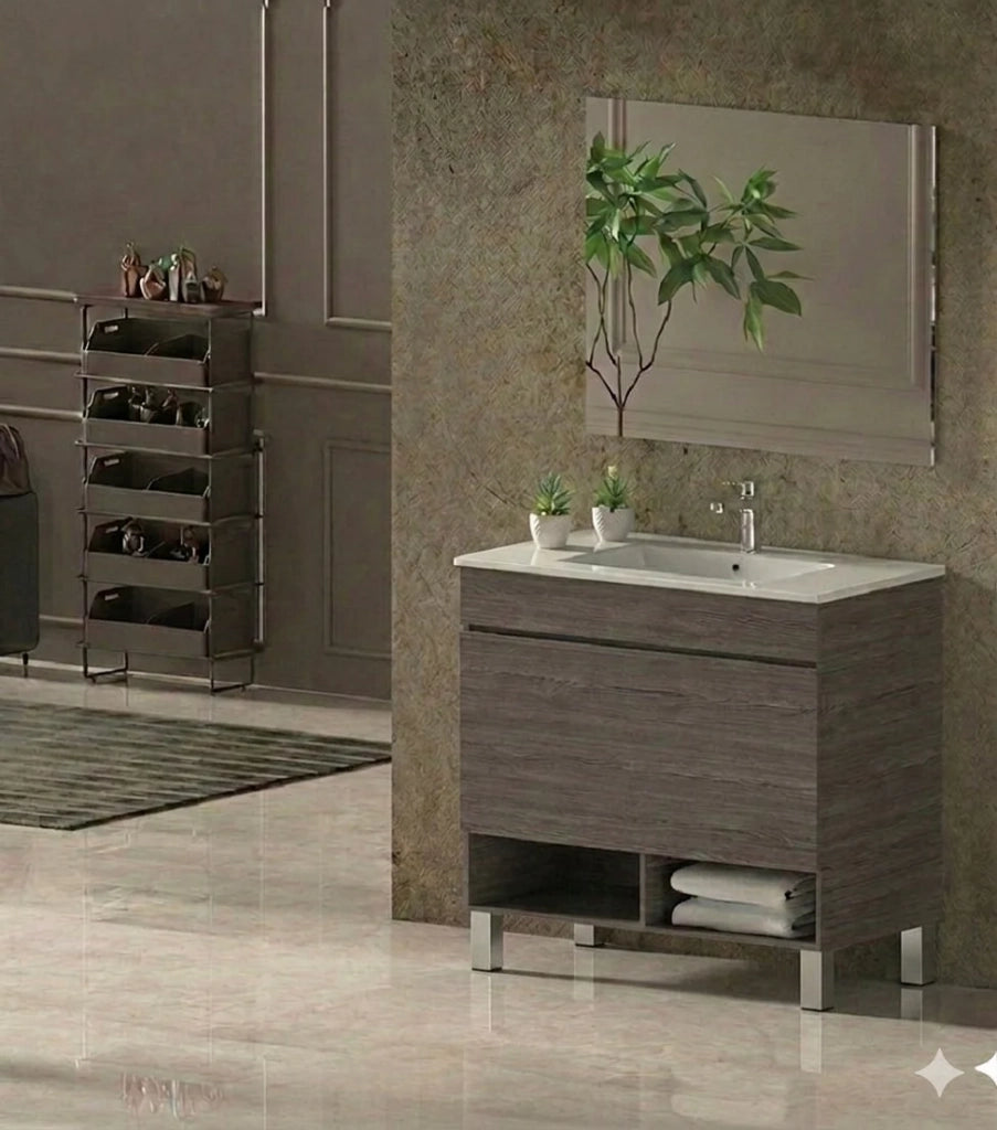 Mobile Bagno NEBARI com gambe Già Montato 1 cassetto, lavabo e specchio Rovere affumicato 80x45 cm