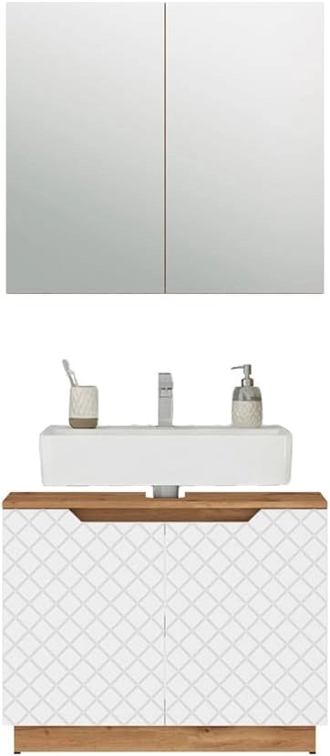 Set di mobili da bagno Lotta, Rovere/bianco con struttura in piastrelle, 2 parti