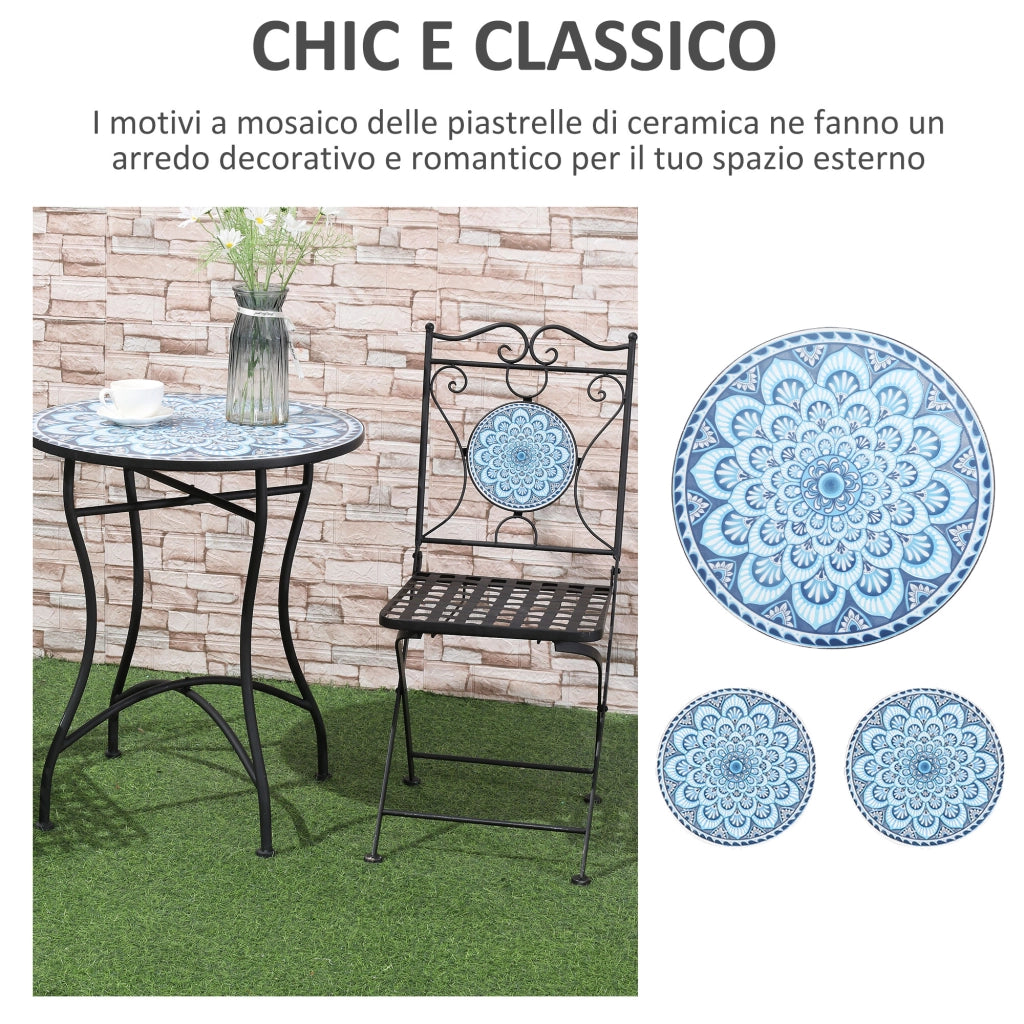 Set da Giardino con Tavolino e 2 Sedie Pieghevoli ¨C zephmum ¨C Blu, Mosaico, 3 Pezzi