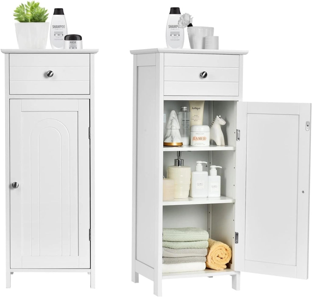 Armadietto Bagno da Terra, Mobiletto a 3 Ripiani con Anta, Cassetto, Manico, Spazio Interno Flessibile, Compatto e Salvaspazio, 35,5x30,5x88 cm, Bianco/Marrone/Grigio/Nero