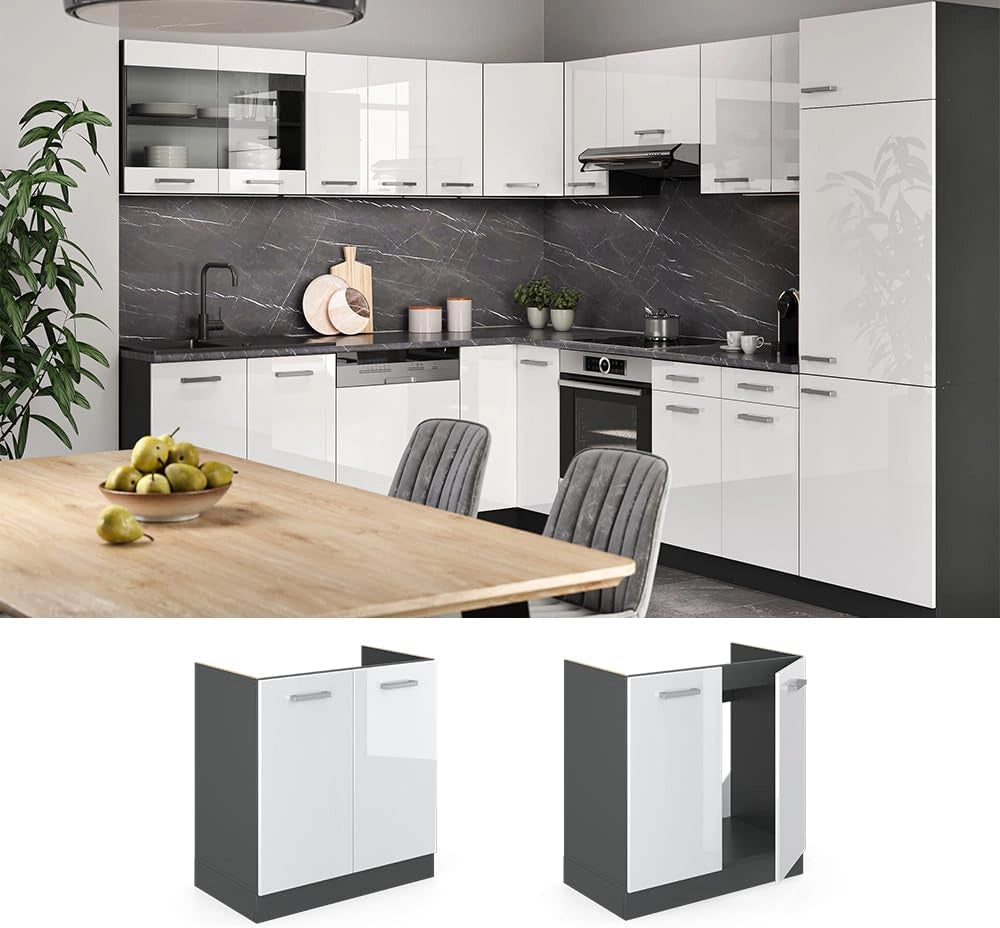 mobile lavello cucina R-line, Bianco lucido/Antracite, 80 cm senza piano di lavoro