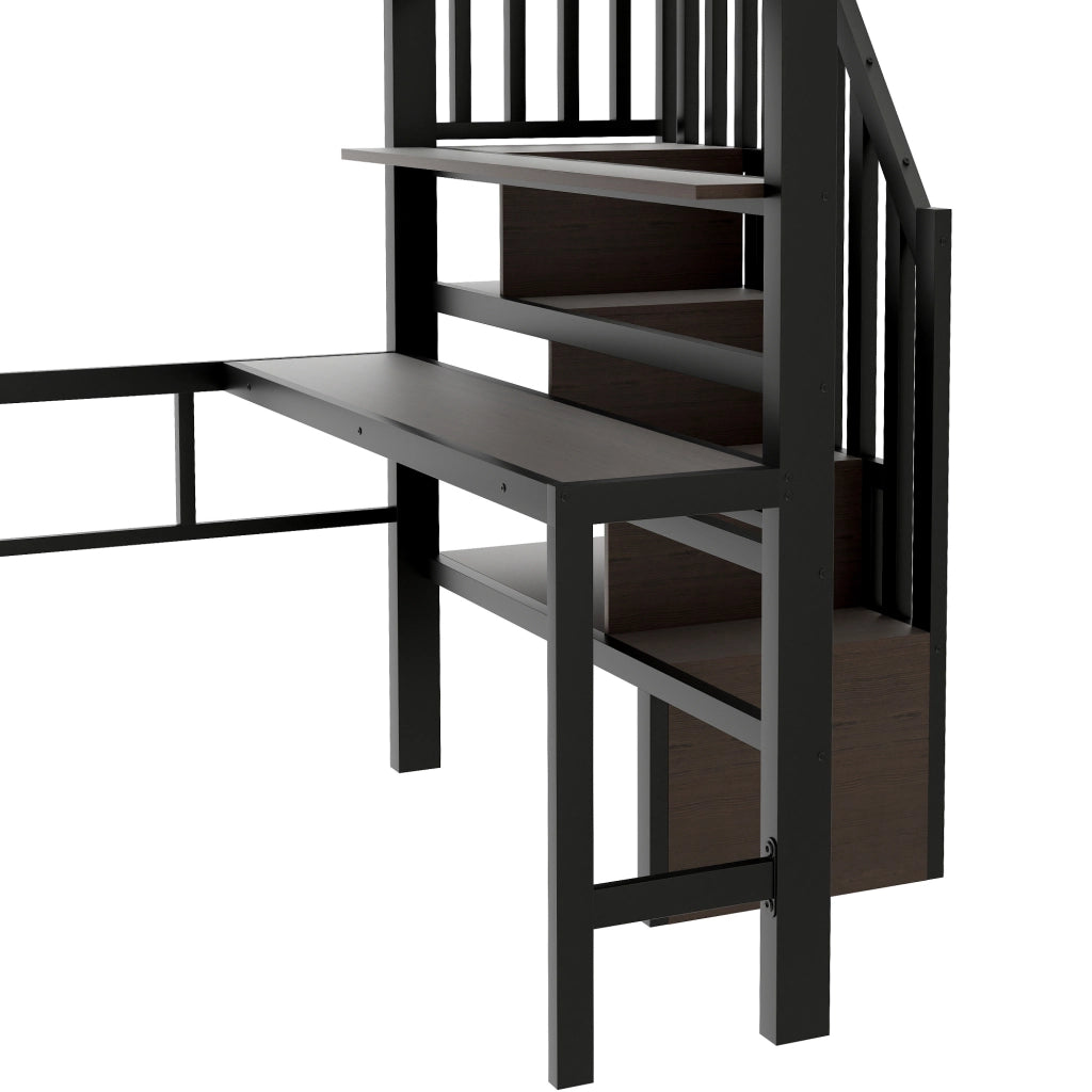 Hochbett con scrivania, ripiani e LED, 140 x 200 cm, nero