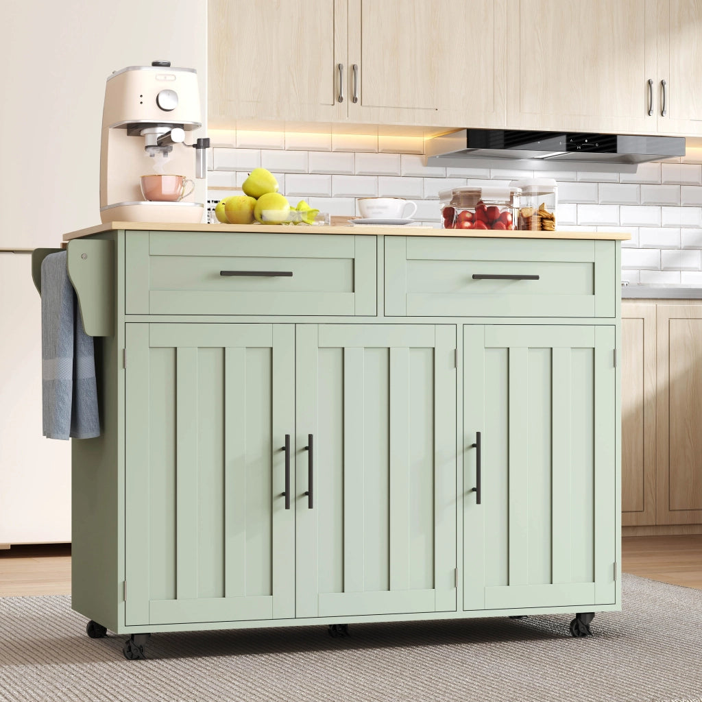 Carrello cucina con piano ribaltabile 129x71x91,5 cm verde antico, 2 cassetti, 3 vani, ruote e piedini
