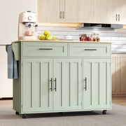 Carrello cucina con piano ribaltabile 129x71x91,5 cm verde antico, 2 cassetti, 3 vani, ruote e piedini