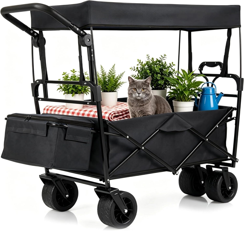Carrello Spiaggia Pieghevole con Tetto, Carrello da Trasporto con Ruote Grandi e Borsa Portatutto, Carrello da Campeggio e Giardino, in Acciao Resistente, Chiusura Rapida, 100 KG, 100L (Nero)