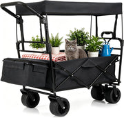 Carrello Spiaggia Pieghevole con Tetto, Carrello da Trasporto con Ruote Grandi e Borsa Portatutto, Carrello da Campeggio e Giardino, in Acciao Resistente, Chiusura Rapida, 100 KG, 100L (Nero)