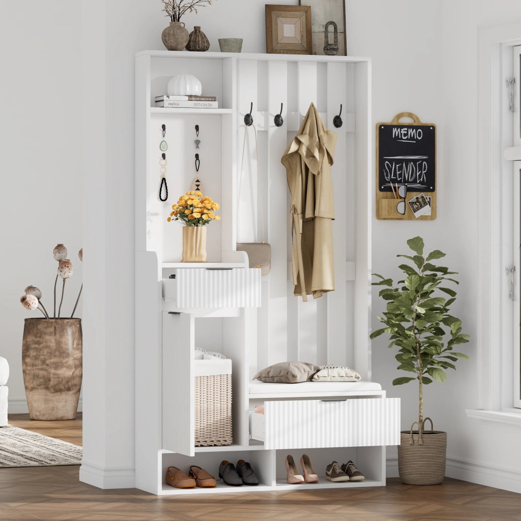 Mobile Ingresso con 8 Ganci; Panca Scarpiera; 2 Cassetti e 1 Armadio; Bianco; in Pannelli di Truciolare; 100×30×180 cm