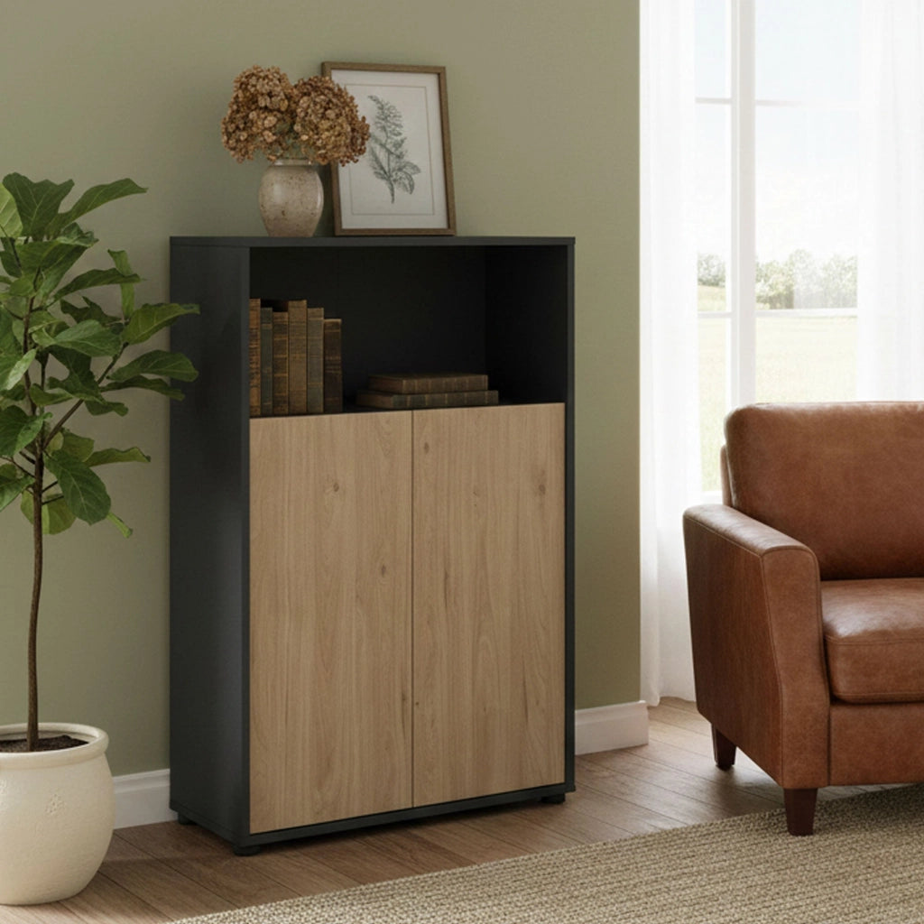 Credenza Canossa, Buffet da soggiorno, Madia da salotto, Dispensa da cucina, 80x34 h124 cm, Rovere e Grigio