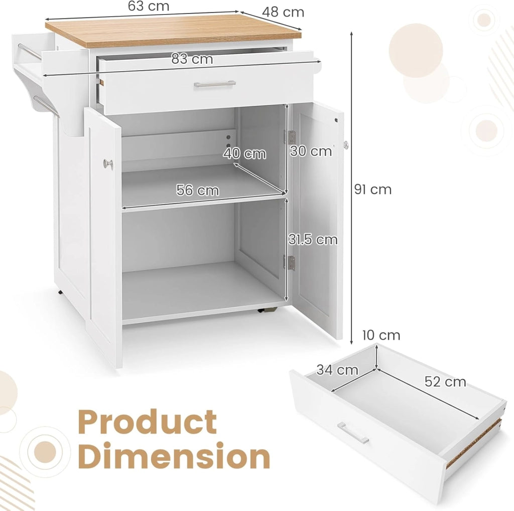 Carrello Portavivande con Cassetto, Portaspezie e Portasciugamani, Carrello Cucina con Ruote, Isola con Ripiano Regolabile per Sala da Pranzo, 83 x 48 x 91 cm, Bianco