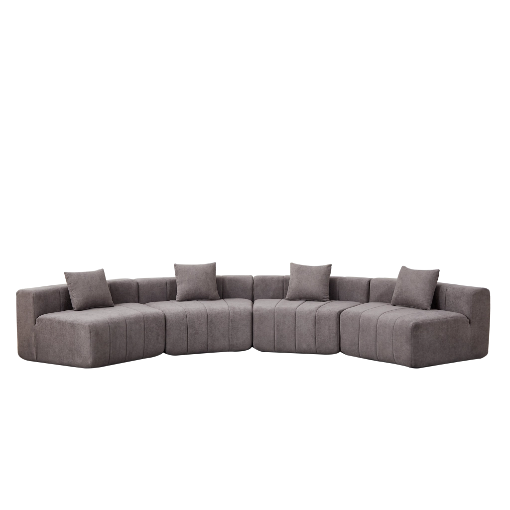 Sofa modulare curvo in chenille grigio con 2 cuscini, design semicircolare, senza montaggio