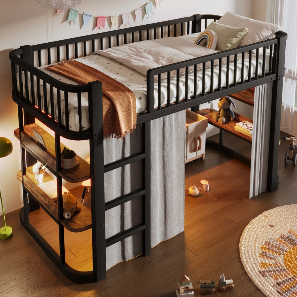 Letto a soppalco per bambini 90x200 cm con tende oscuranti; spazio inferiore modulabile; mensole e LED; metallo nero
