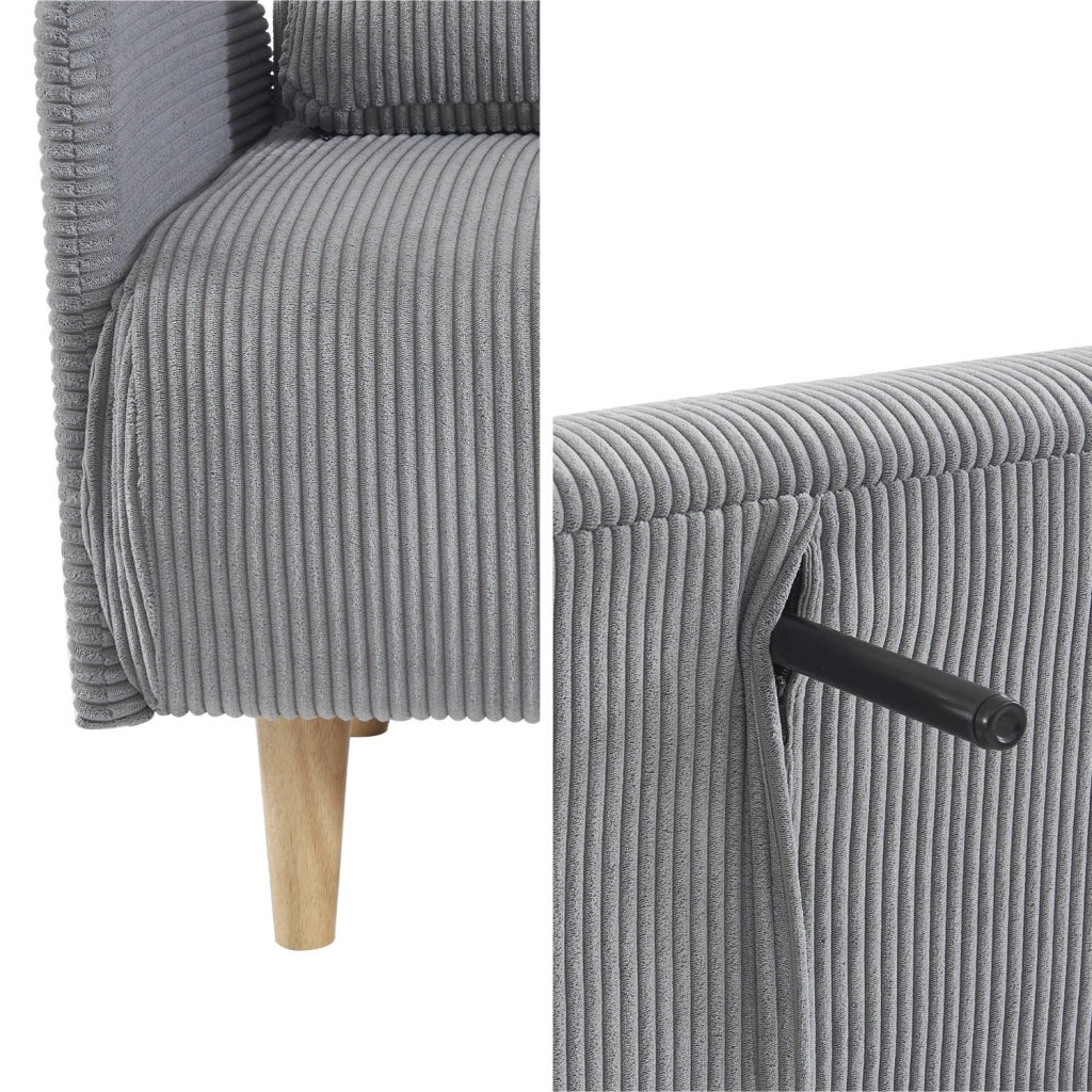 Divano letto in velluto a coste con gambe in legno, 2 posti, grigio