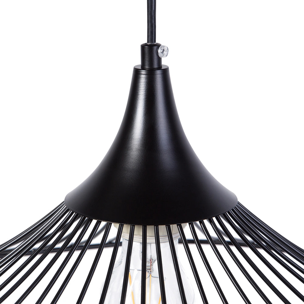 Lampadario in Metallo Nero Paralume a Imbuto con Griglia Cavo Nero