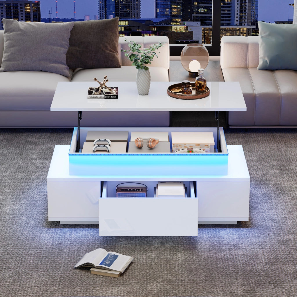 Tavolino Da Salotto Reclinabile con 1 Cassetto e Vano Nascosto; LED USB; Bianco Lucido; Stile Moderno; 96×45×40 cm; Bianco