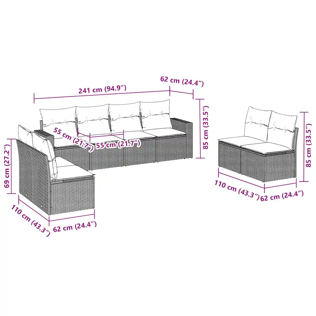 Set Divani da Giardino 8 pz con Cuscini Marrone in Polyrattan 3218843