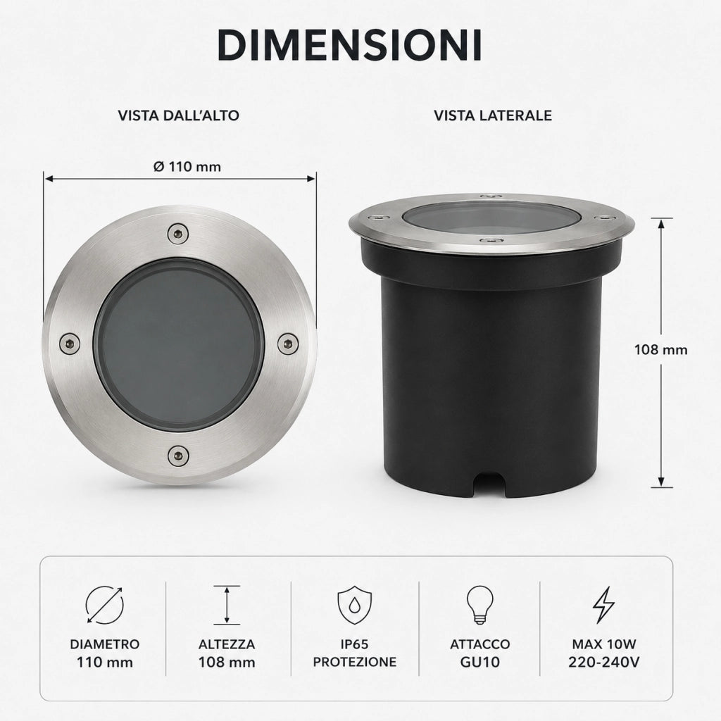 Faretto Calpestabile GU10 da Incasso Esterno IP65 Acciaio Inox 220V Ø110mm