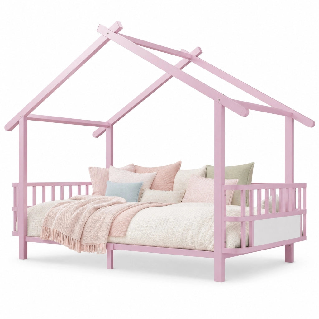 Letto per bambini in metallo a forma di casa 90 x 200 cm, con sbarre di sicurezza, design a tetto, rosa