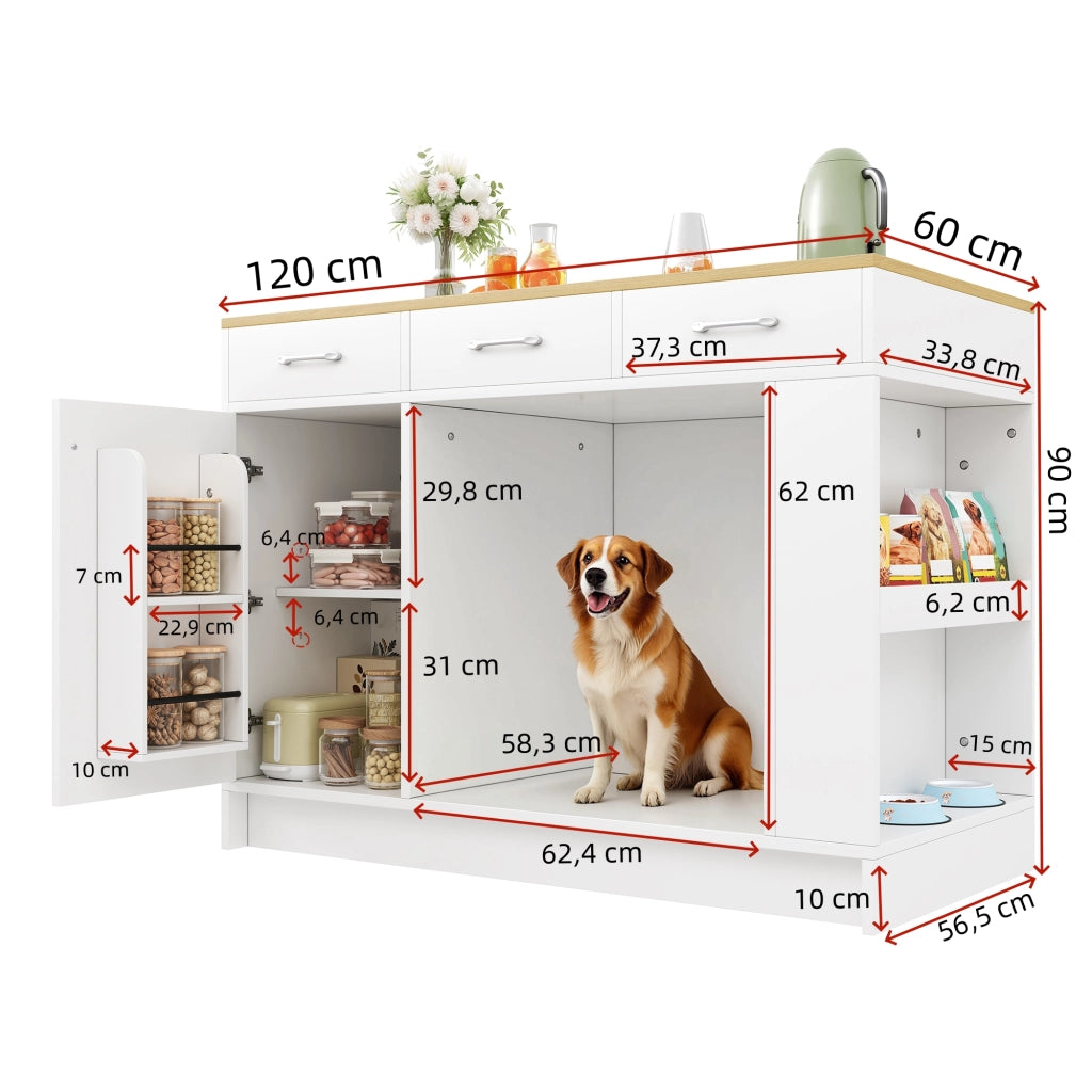 Carrello da cucina con 3 cassetti, 1 porta spezie, ripiano regolabile e area per animali, bianco